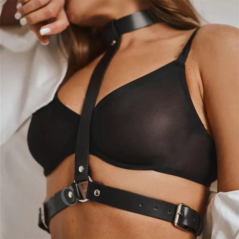 "Empower Your Seduction: Provocative PU Leather Harness Lingerie Set – BDSM-inspired Garter Belt, Fetish Gothic Erotic Costume, and Babydoll Underwear for a Sensual Experience"